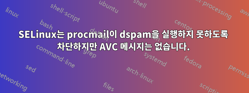 SELinux는 procmail이 dspam을 실행하지 못하도록 차단하지만 AVC 메시지는 없습니다.