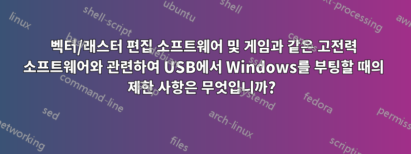 벡터/래스터 편집 소프트웨어 및 게임과 같은 고전력 소프트웨어와 관련하여 USB에서 Windows를 부팅할 때의 제한 사항은 무엇입니까? 