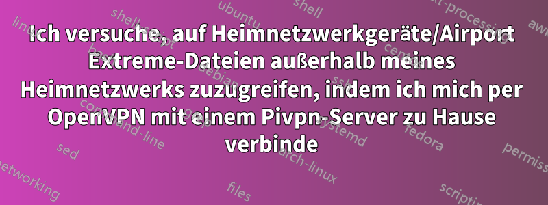 Ich versuche, auf Heimnetzwerkgeräte/Airport Extreme-Dateien außerhalb meines Heimnetzwerks zuzugreifen, indem ich mich per OpenVPN mit einem Pivpn-Server zu Hause verbinde