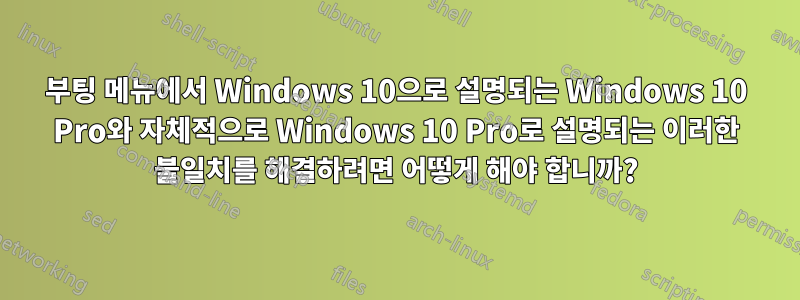 부팅 메뉴에서 Windows 10으로 설명되는 Windows 10 Pro와 자체적으로 Windows 10 Pro로 설명되는 이러한 불일치를 해결하려면 어떻게 해야 합니까?