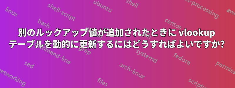 別のルックアップ値が追加されたときに vlookup テーブルを動的に更新するにはどうすればよいですか?