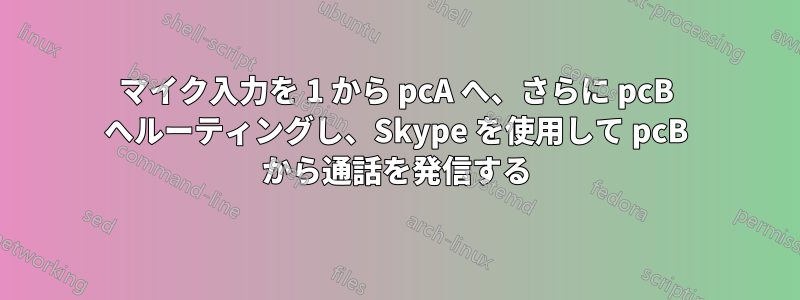 マイク入力を 1 から pcA へ、さらに pcB へルーティングし、Skype を使用して pcB から通話を発信する