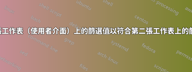 第一張工作表（使用者介面）上的篩選值以符合第二張工作表上的篩選值