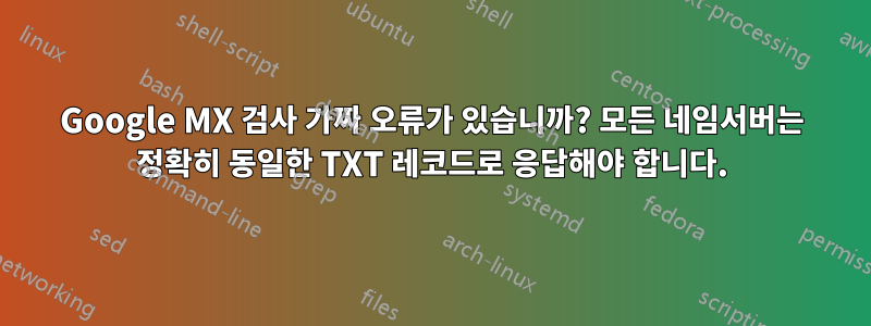 Google MX 검사 가짜 오류가 있습니까? 모든 네임서버는 정확히 동일한 TXT 레코드로 응답해야 합니다.