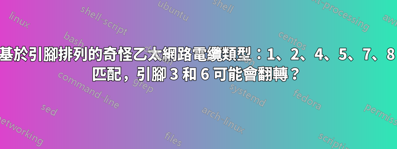 基於引腳排列的奇怪乙太網路電纜類型：1、2、4、5、7、8 匹配，引腳 3 和 6 可能會翻轉？