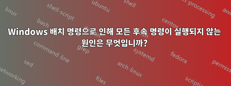 Windows 배치 명령으로 인해 모든 후속 명령이 실행되지 않는 원인은 무엇입니까?