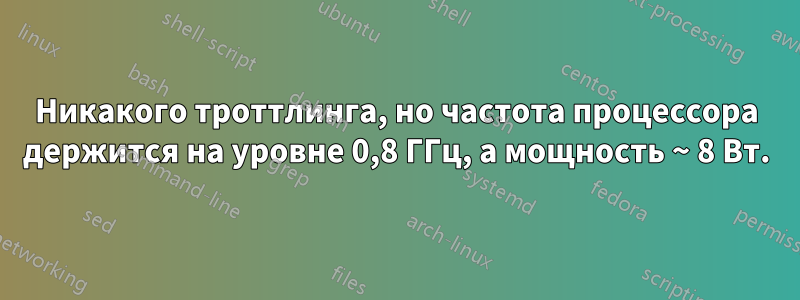 Никакого троттлинга, но частота процессора держится на уровне 0,8 ГГц, а мощность ~ 8 Вт.