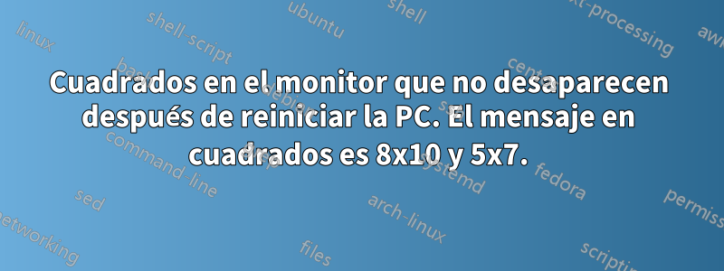 Cuadrados en el monitor que no desaparecen después de reiniciar la PC. El mensaje en cuadrados es 8x10 y 5x7.