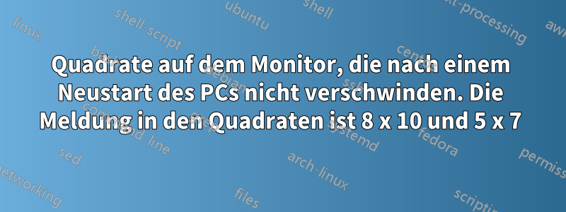 Quadrate auf dem Monitor, die nach einem Neustart des PCs nicht verschwinden. Die Meldung in den Quadraten ist 8 x 10 und 5 x 7