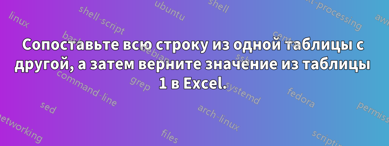 Сопоставьте всю строку из одной таблицы с другой, а затем верните значение из таблицы 1 в Excel.