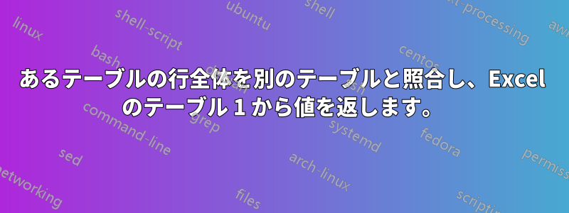 あるテーブルの行全体を別のテーブルと照合し、Excel のテーブル 1 から値を返します。