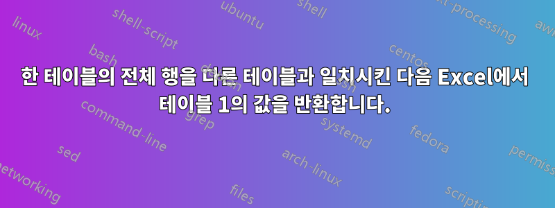 한 테이블의 전체 행을 다른 테이블과 일치시킨 다음 Excel에서 테이블 1의 값을 반환합니다.