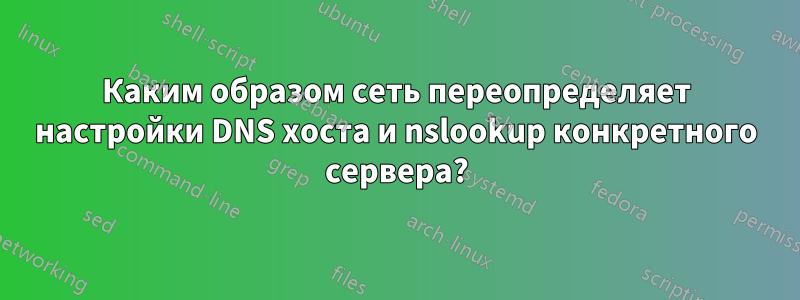 Каким образом сеть переопределяет настройки DNS хоста и nslookup конкретного сервера?