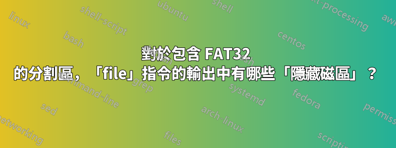 對於包含 FAT32 的分割區，「file」指令的輸出中有哪些「隱藏磁區」？