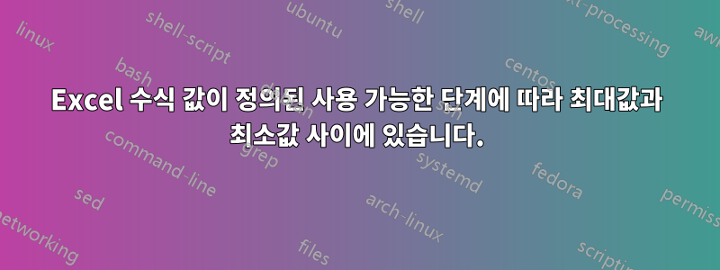 Excel 수식 값이 정의된 사용 가능한 단계에 따라 최대값과 최소값 사이에 있습니다.