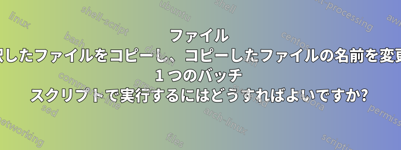 ファイル ダイアログから選択したファイルをコピーし、コピーしたファイルの名前を変更する操作をすべて 1 つのバッチ スクリプトで実行するにはどうすればよいですか?