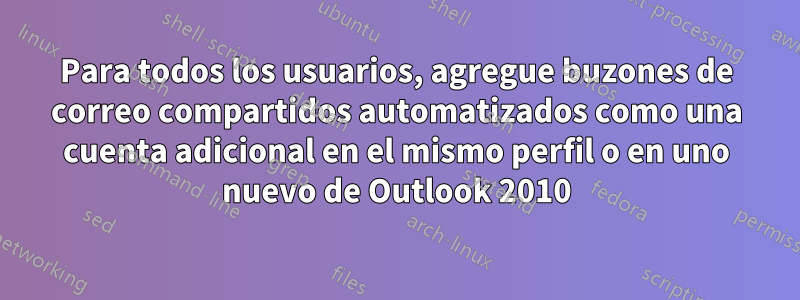 Para todos los usuarios, agregue buzones de correo compartidos automatizados como una cuenta adicional en el mismo perfil o en uno nuevo de Outlook 2010