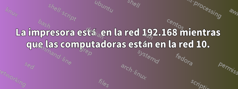 La impresora está en la red 192.168 mientras que las computadoras están en la red 10.