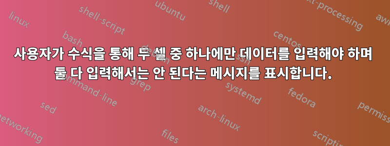 사용자가 수식을 통해 두 셀 중 하나에만 데이터를 입력해야 하며 둘 다 입력해서는 안 된다는 메시지를 표시합니다.