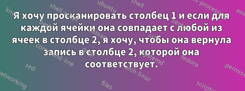 Я хочу просканировать столбец 1 и если для каждой ячейки она совпадает с любой из ячеек в столбце 2, я хочу, чтобы она вернула запись в столбце 2, которой она соответствует.