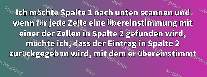 Ich möchte Spalte 1 nach unten scannen und wenn für jede Zelle eine Übereinstimmung mit einer der Zellen in Spalte 2 gefunden wird, möchte ich, dass der Eintrag in Spalte 2 zurückgegeben wird, mit dem er übereinstimmt