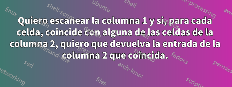 Quiero escanear la columna 1 y si, para cada celda, coincide con alguna de las celdas de la columna 2, quiero que devuelva la entrada de la columna 2 que coincida.