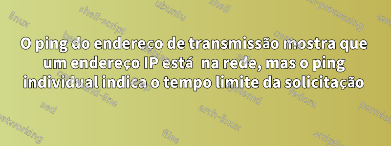 O ping do endereço de transmissão mostra que um endereço IP está na rede, mas o ping individual indica o tempo limite da solicitação