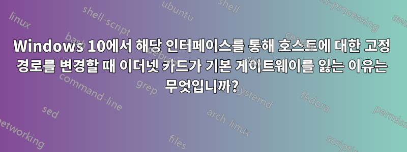 Windows 10에서 해당 인터페이스를 통해 호스트에 대한 고정 경로를 변경할 때 이더넷 카드가 기본 게이트웨이를 잃는 이유는 무엇입니까?