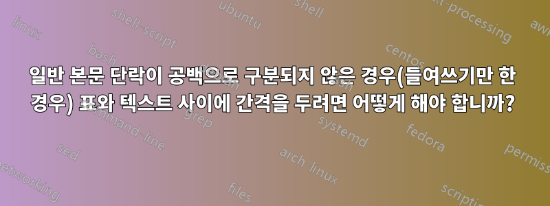 일반 본문 단락이 공백으로 구분되지 않은 경우(들여쓰기만 한 경우) 표와 텍스트 사이에 간격을 두려면 어떻게 해야 합니까?