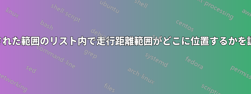 設定された範囲のリスト内で走行距離範囲がどこに位置するかを調べる