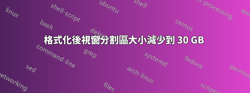格式化後視窗分割區大小減少到 30 GB