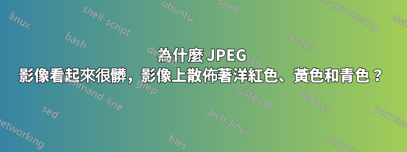 為什麼 JPEG 影像看起來很髒，影像上散佈著洋紅色、黃色和青色？
