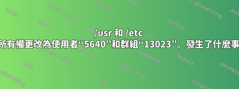/usr 和 /etc 將所有權更改為使用者“5640”和群組“13023”。發生了什麼事？