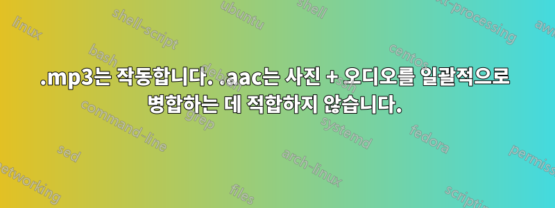 .mp3는 작동합니다. .aac는 사진 + 오디오를 일괄적으로 병합하는 데 적합하지 않습니다.