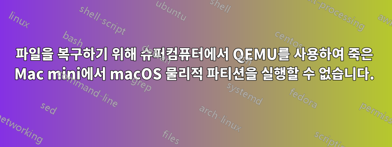 파일을 복구하기 위해 슈퍼컴퓨터에서 QEMU를 사용하여 죽은 Mac mini에서 macOS 물리적 파티션을 실행할 수 없습니다.