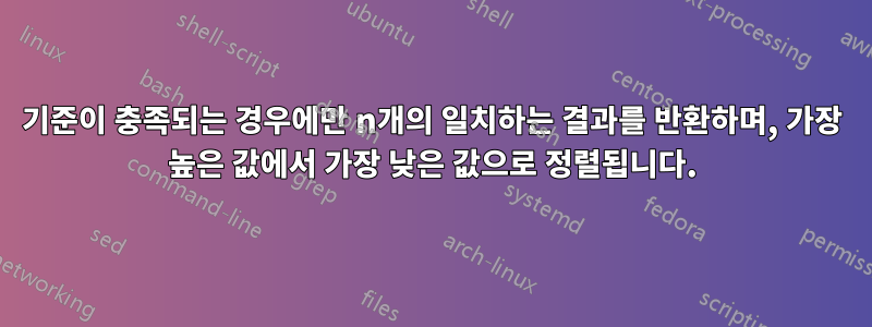 기준이 충족되는 경우에만 n개의 일치하는 결과를 반환하며, 가장 높은 값에서 가장 낮은 값으로 정렬됩니다.