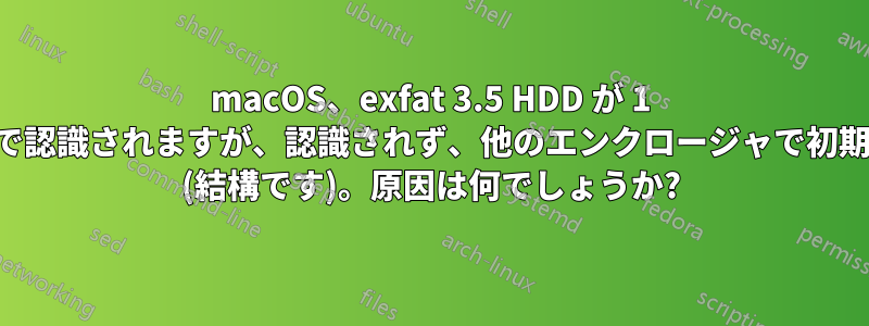 macOS、exfat 3.5 HDD が 1 つの外部エンクロージャで認識されますが、認識されず、他のエンクロージャで初期化するように言われます (結構です)。原因は何でしょうか?