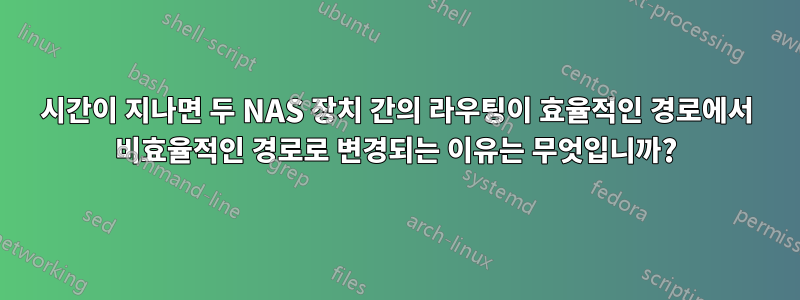 시간이 지나면 두 NAS 장치 간의 라우팅이 효율적인 경로에서 비효율적인 경로로 변경되는 이유는 무엇입니까?