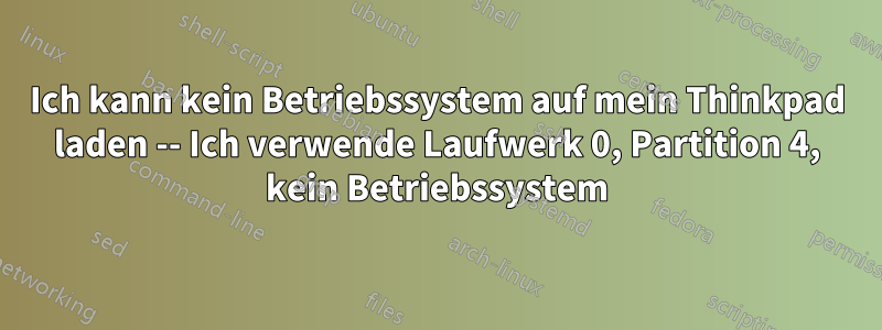 Ich kann kein Betriebssystem auf mein Thinkpad laden -- Ich verwende Laufwerk 0, Partition 4, kein Betriebssystem