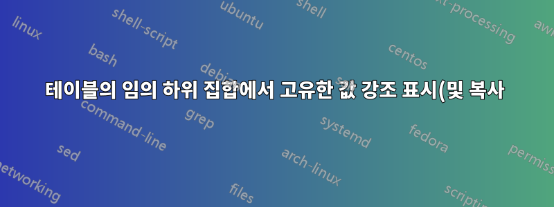 테이블의 임의 하위 집합에서 고유한 값 강조 표시(및 복사)