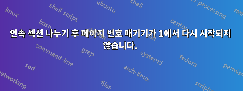 연속 섹션 나누기 후 페이지 번호 매기기가 1에서 다시 시작되지 않습니다.