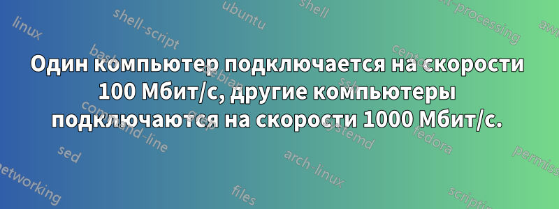 Один компьютер подключается на скорости 100 Мбит/с, другие компьютеры подключаются на скорости 1000 Мбит/с.