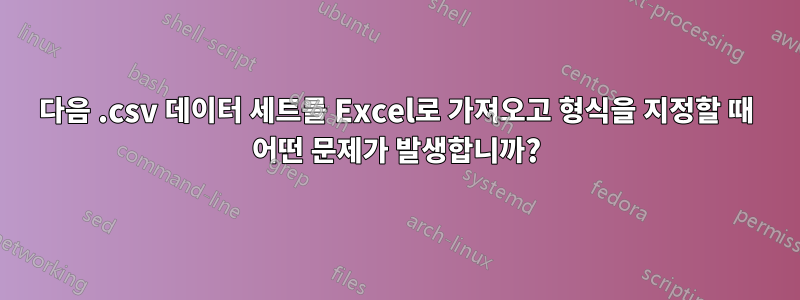 다음 .csv 데이터 세트를 Excel로 가져오고 형식을 지정할 때 어떤 문제가 발생합니까?