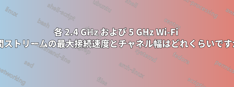 各 2.4 GHz および 5 GHz Wi-Fi 空間ストリームの最大接続速度とチャネル幅はどれくらいですか?