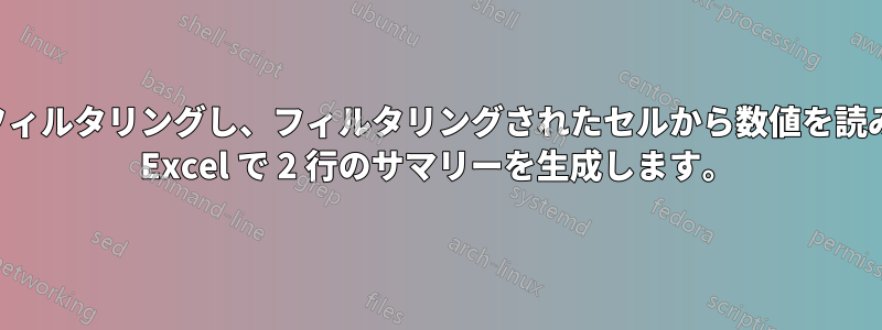 開始文字列に基づいて列をフィルタリングし、フィルタリングされたセルから数値を読み取り、算術演算を実行して Excel で 2 行のサマリーを生成します。