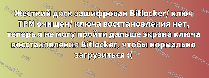 Жесткий диск зашифрован Bitlocker/ ключ TPM очищен/ ключа восстановления нет, теперь я не могу пройти дальше экрана ключа восстановления Bitlocker, чтобы нормально загрузиться :(