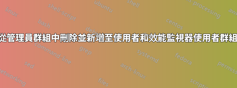 本機使用者從管理員群組中刪除並新增至使用者和效能監視器使用者群組。不在域上