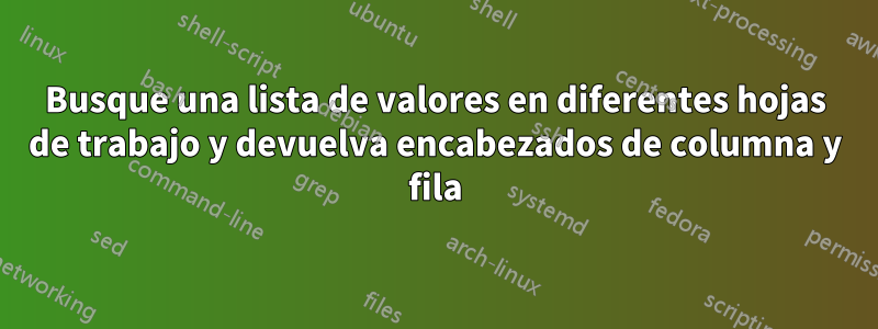 Busque una lista de valores en diferentes hojas de trabajo y devuelva encabezados de columna y fila