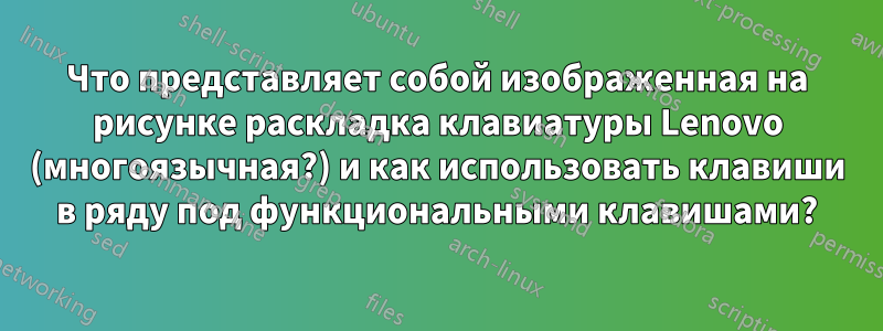 Что представляет собой изображенная на рисунке раскладка клавиатуры Lenovo (многоязычная?) и как использовать клавиши в ряду под функциональными клавишами?