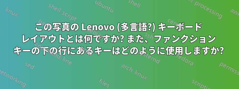 この写真の Lenovo (多言語?) キーボード レイアウトとは何ですか? また、ファンクション キーの下の行にあるキーはどのように使用しますか?